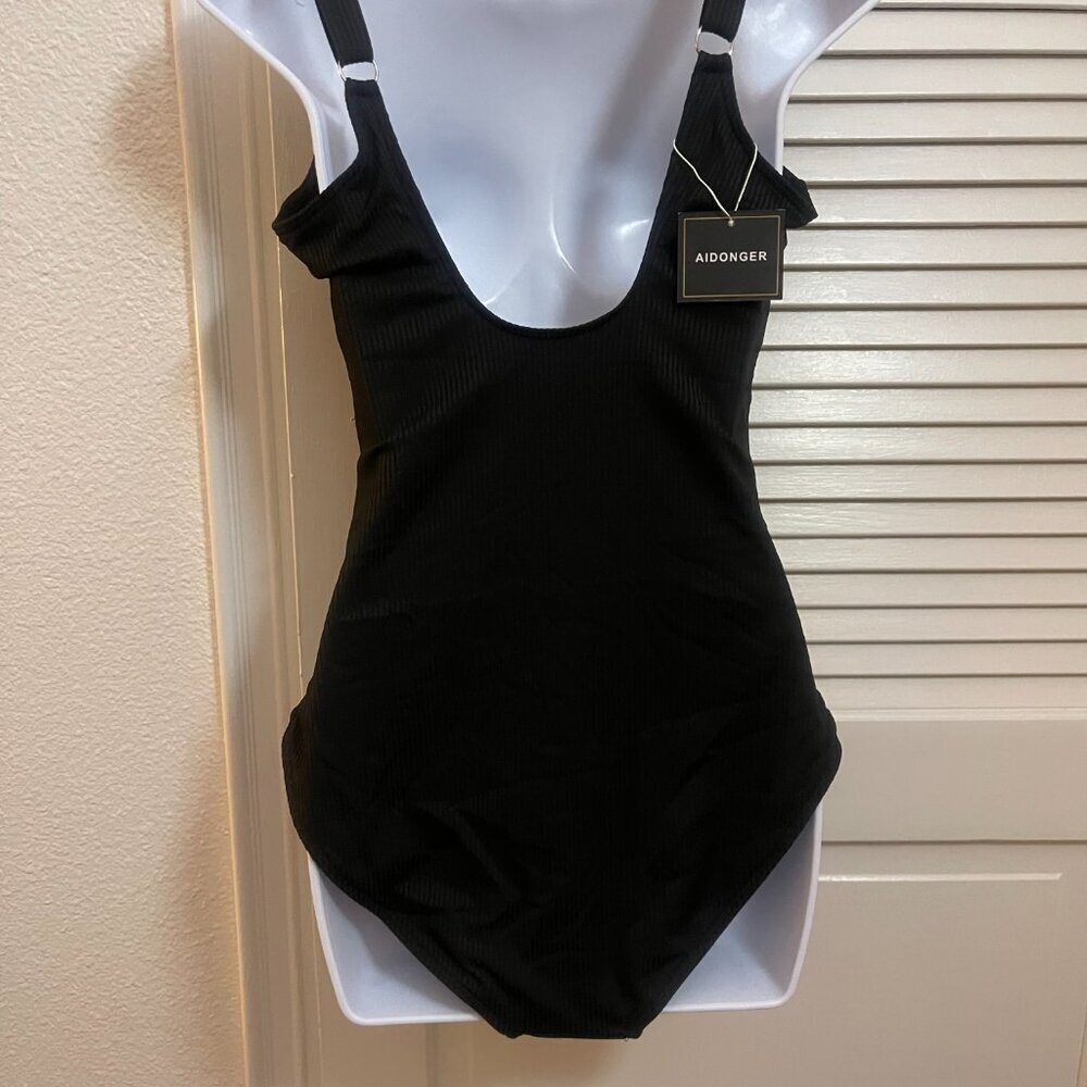 AIDONGER Black Ribbed Ruched One Piece Swimsuit NWT L - Picture 2 of 10